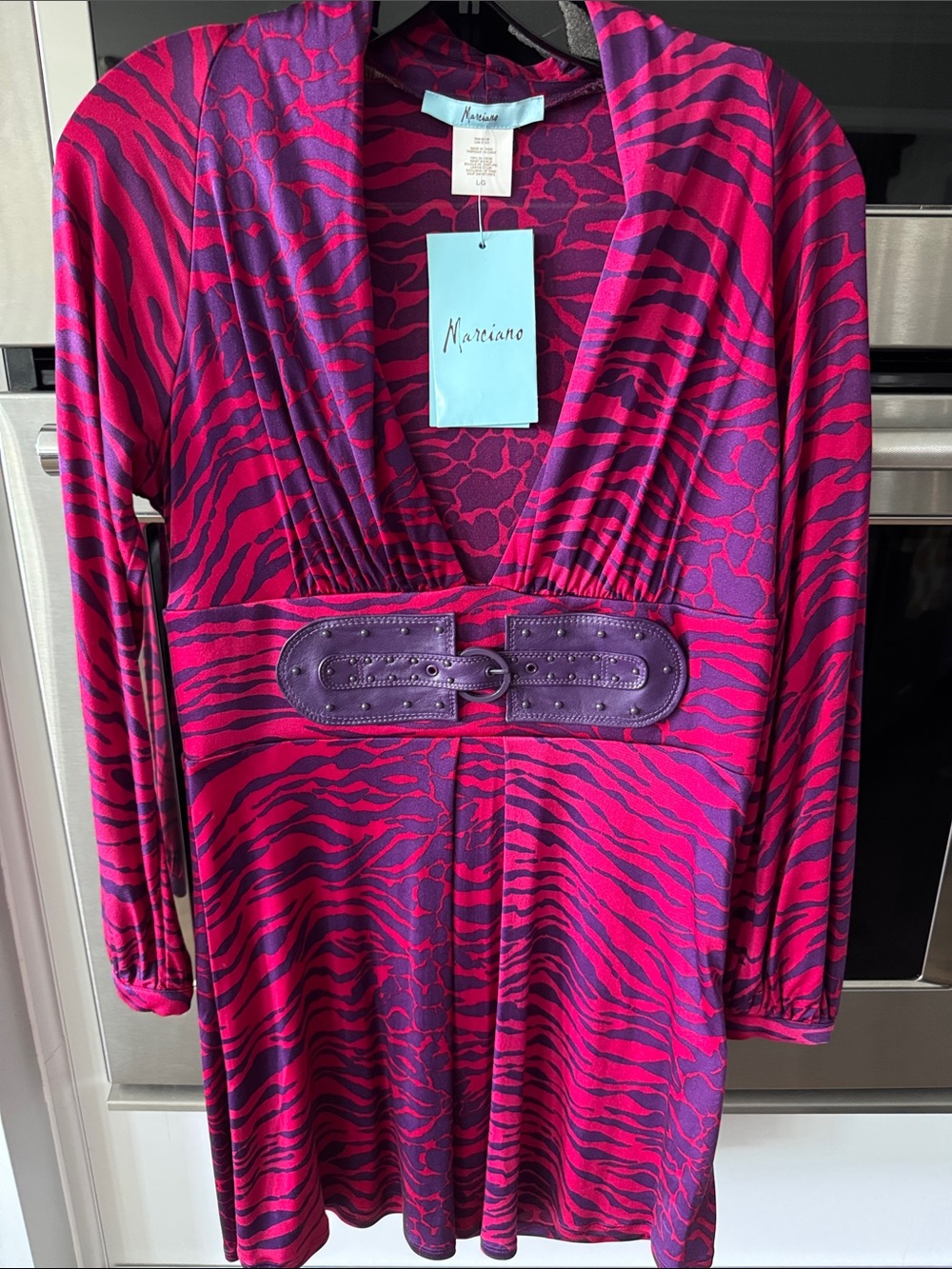 Marciano Fuchsia and Purple Animal-Print Surplice Tunic with Decorative Belt